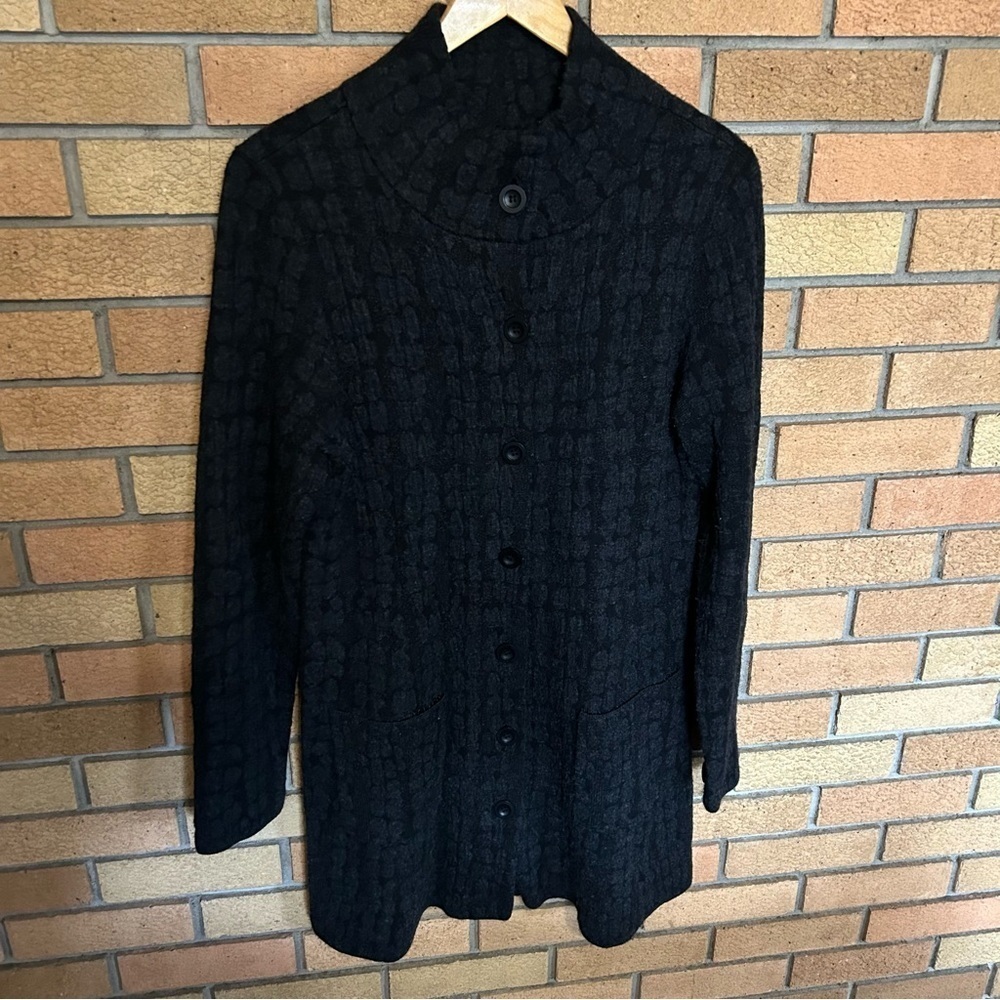 Eileen Fisher Black & Gray Button Down Wool Blend Cardigan Coat Sweater Size M